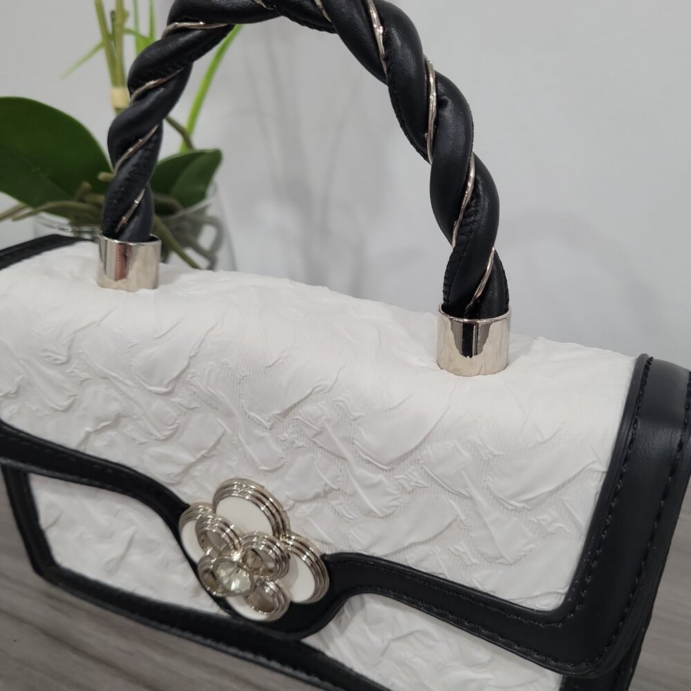Chic Black/White Textures Floral Mini Crossbody Top Handle Bag w/Twilly - Picture 6 of 13